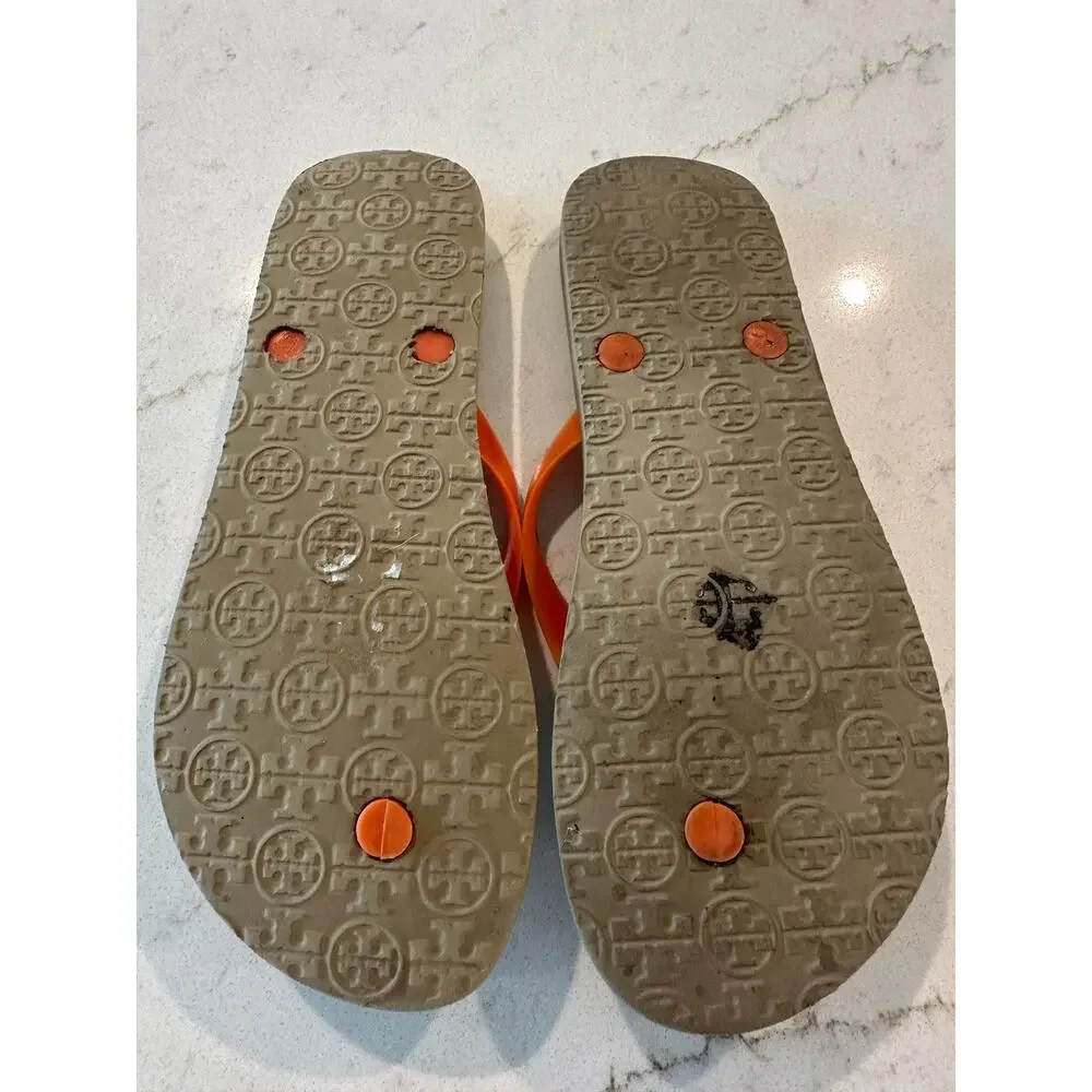 Tory Burch Printed Flip Flop Sandals Orange Floral Gold Logo Size 10 Resort Pool